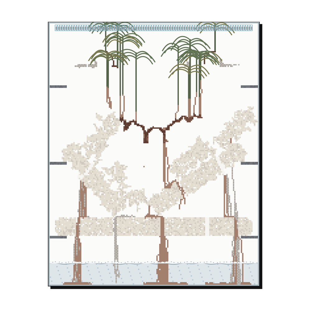 A cross-section of the sealed box: stone slabs, roots, leaves and water
